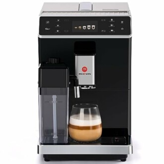 Automatic espresso machine with milk frother and coffee cup.