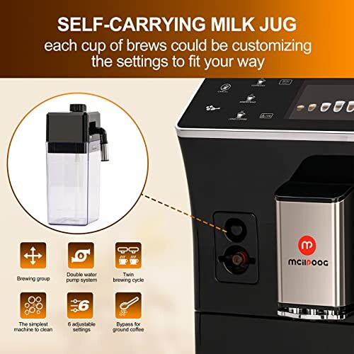 Coffee machine with self-carrying milk jug and various features.