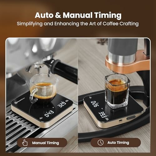 Coffee scale with auto and manual timing features, showing espresso shots.