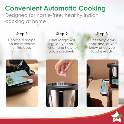 Three steps for automatic cooking using Chef Magic: choose recipe, follow guidance, and enjoy cooked food.