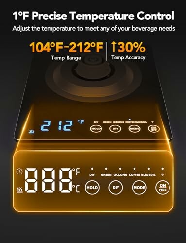 Digital kettle with precise temperature control features, displaying temperature range of 104°F to 212°F and 1°F accuracy.