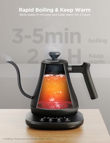 Electric kettle with rapid boiling and keep warm features on a wooden table.