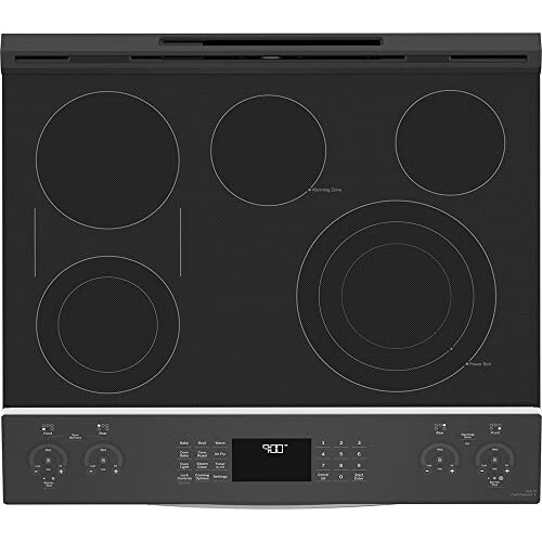 Top view of an electric stove cooktop with control panel.