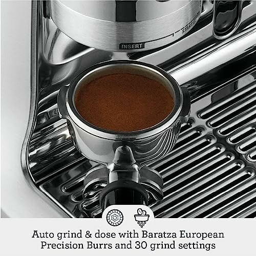 Espresso machine with portafilter and grind settings.