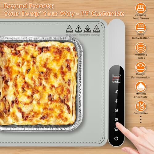 Digital food warmer with lasagna and temperature settings.