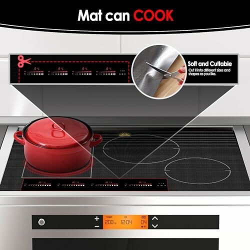 Red pot on cooktop with heat-resistant mat, highlighting cuttable feature.