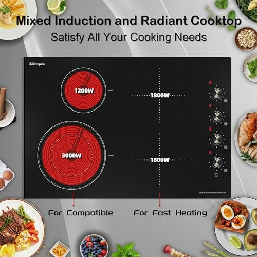 Mixed induction and radiant cooktop with multiple heating zones and control knobs.