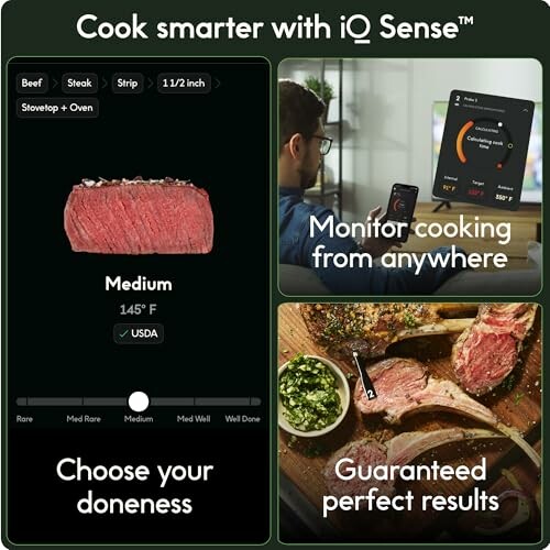 iQ Sense app showing cooking options and results.