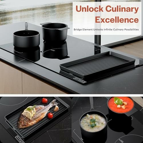 Modern kitchen induction cooktop with pots and grill