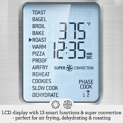 Oven LCD display showing 13 functions and super convection.