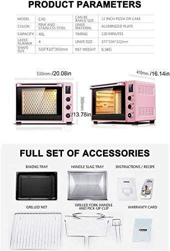 Pink electric oven with product parameters and full set of accessories including baking tray, handle slag tray, instructions, warranty card, grilled net, and grilled fork.