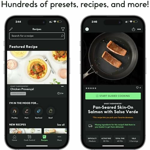 Two smartphone screens displaying a cooking app with various recipes.