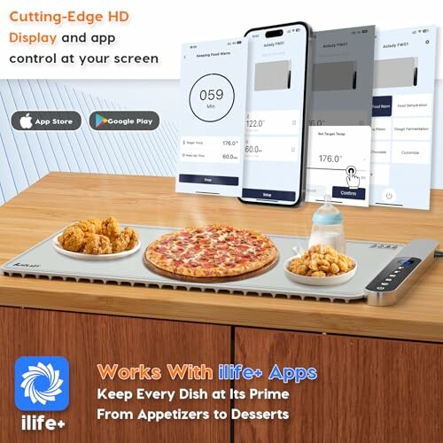 Smart food warmer with app control, featuring pizza and fried chicken.