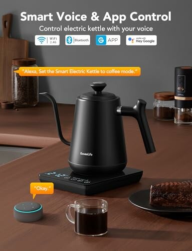 Smart electric kettle with voice and app control on kitchen counter.