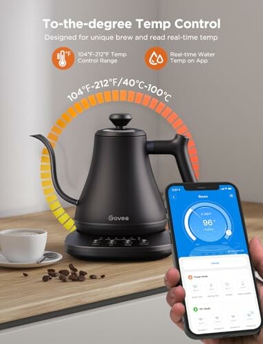 Smart kettle with temperature control and smartphone app display.