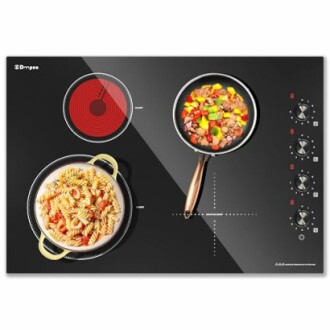 Stovetop with pasta and meat cooking in pans