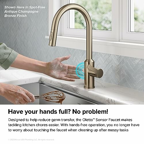 Touchless kitchen faucet with hands-free sensor operation.