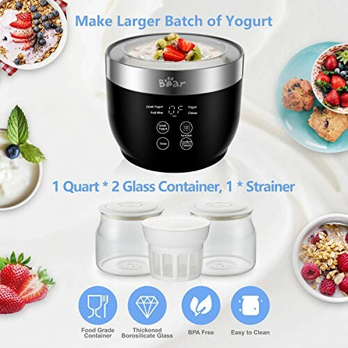 Yogurt maker with glass containers and strainer, features food-grade container, borosilicate glass, BPA free, easy to clean.